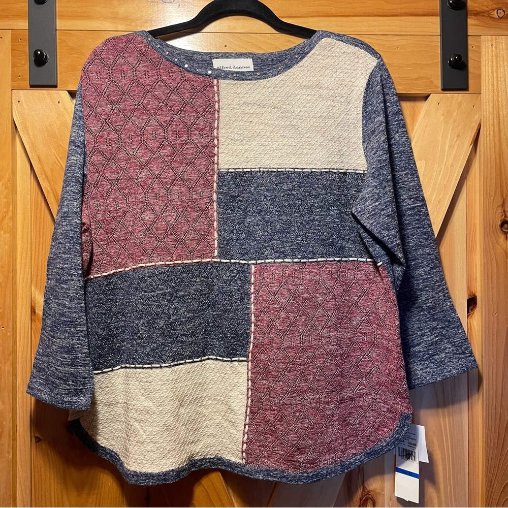 Patchwork Knit Top in Blue, Cream & Mauve